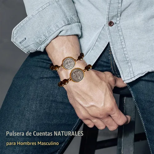Vista 5 de 2 piezas Pulsera de San Benito Pulsera de Ojo de Tigre Medalla de San Benito Católica Medalla de San Benito
