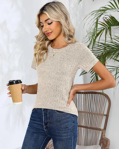 Vista 7 de Ficerd Paquete de 3 camisetas de punto para mujer, manga corta, cuello redondo, estilo casual, ajuste holgado, camisetas básicas acanaladas