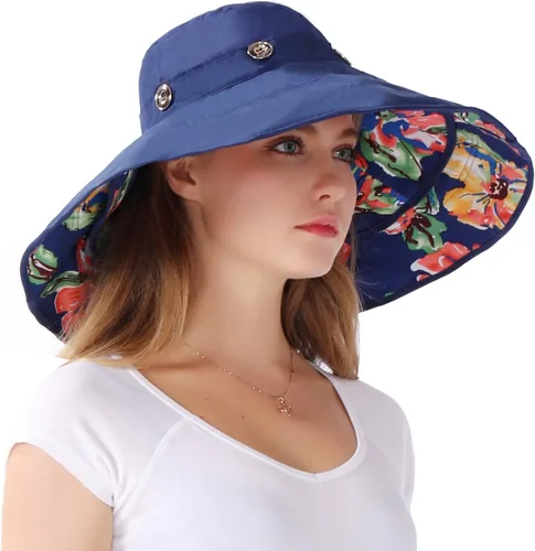 Vista 2 de Sombrero reversible para el sol UPF 50+ con ala extra grande, flexible, fácil de empacar, para la playa