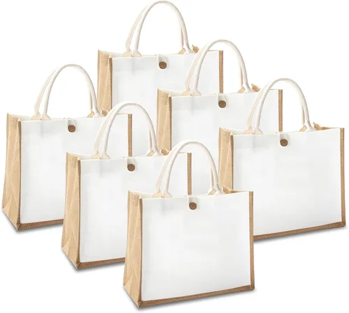 Vista 9 de Bolsa de yute de 14.5 x 6.7 x 10.2 pulgadas, 1 bolsa de arpillera, bolsas de viaje de yute con asa, bolsa de comestibles reutilizable para dama