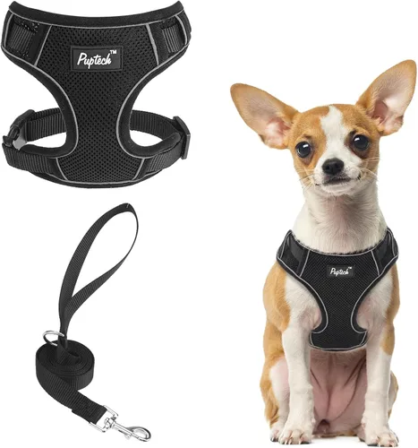 Vista 53 de PUPTECK Juego de arnés y correa para perro pequeño, arnés ajustable sin tirones para cachorro, chaleco de malla suave reflectante para mascotas