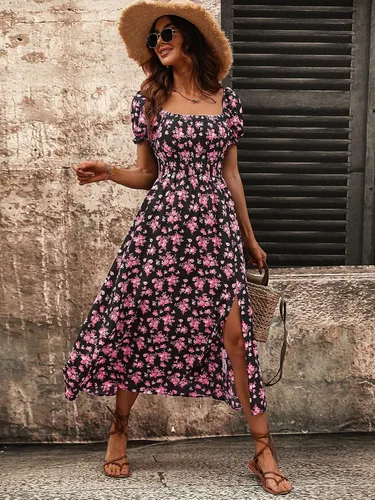 Vista 3 de SOLY HUX Vestido midi floral bohemio con hombros descubiertos para mujer, con abertura en el muslo, manga corta, con vuelo