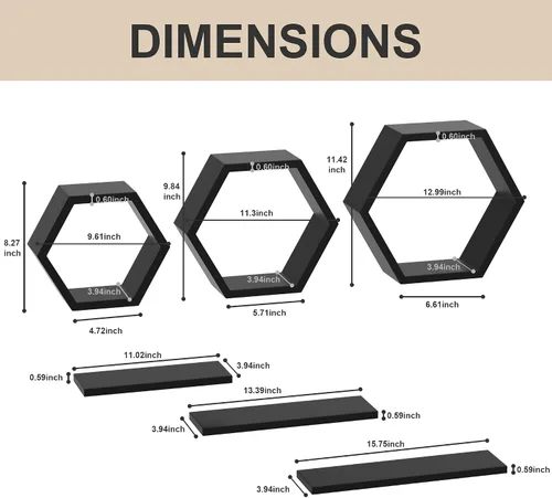 Vista 3 de Estantes hexagonales flotantes geométricos de panal – Estantes flotantes hexagonales montados en la pared, estantes de pared de panal juego de 6