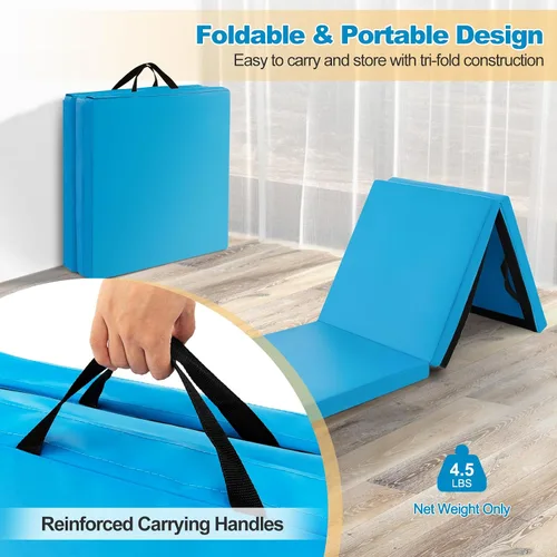 Vista 6 de Goplus Esterilla de Gimnasia Plegable, 6' x 2' x 2'' de Grosor Tri-Fold Esterilla de Ejercicio y Volteretas con Asas de Transporte, Cierre de Gancho