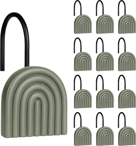 Vista 12 de Sunlit Ganchos decorativos para cortina de ducha modernos de mediados de siglo, anillos de cortina de ducha geométricos negros para baño, resina