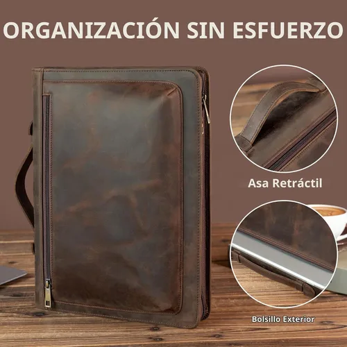 Vista 6 de YIWEN Leather Portfolio with Handle, Zippered Front Pocket and Clip Caqui oscuro