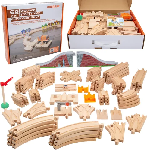Vista 6 de Paquete de expansión para vías de tren Orbrium Toys, 56 piezas de madera con túnel, compatibles con el juego de ferrocarril de madera Thomas Brio