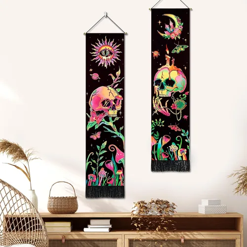 Vista 3 de Leofanger Paquete de 2 tapices verticales de calavera negra con luz negra, tapiz de sol y luna, tapiz de flores de mariposa y mariposa negra, tapiz
