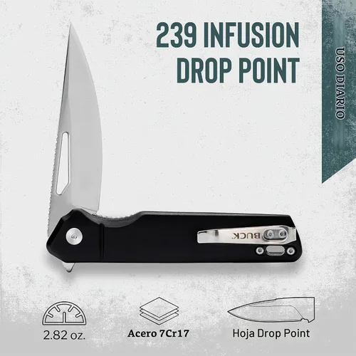 Vista 2 de Buck Knives 239 Infusion, cuchillo de bolsillo plegable con hoja de punta, mango de aluminio, clip para bolsillo Negro