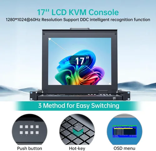 Vista 5 de MT-Viki Conmutador KVM de montaje en rack de 17" VGA 8 puertos, monitor de montaje en rack KVM Fit 1U 19'' Rack, 23.622-31.496 in (23.6~31.8'')