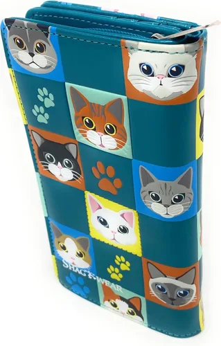 Vista 2 de Shag Wear Cat Checkers - Cartera grande de animales para mujeres y adolescentes, piel sintética vegana de 7 pulgadas, color verde azulado, verde