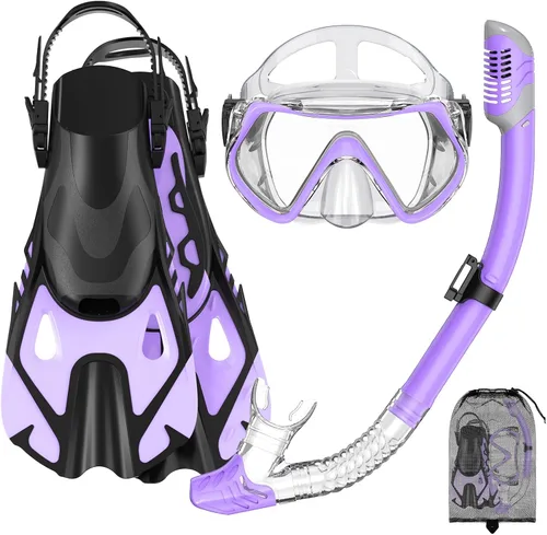 Vista 9 de Snorkeling Gear Set for Adults – Dry Top Snorkel Set, Panoramic Anti-Fog Mask, Adjustable Swim Fins – Travel Diving Kit with Storage Bag