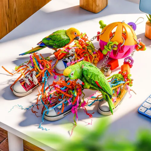 Vista 6 de Juguetes de pájaros, loro colorido jalar, tenis masticables de acrílico para amazonas, mini guacamayos, grises africanos, cacatúas, conures
