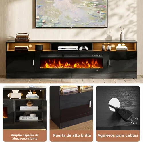 Vista 3 de MXV - Soporte de TV con chimenea de 70 pulgadas con toma de corriente para televisores de hasta 80 pulgadas, centro de entretenimiento con chimenea