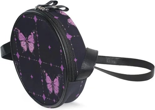 Vista 2 de Retro Purple Butterflies Pattern Round Crossbody Wallet Purse Women Practical with Adjustable Strap Mini Shoulder Bag Go shopping Canvas Messenger