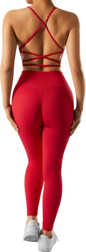 Vista 3 de RXRXCOCO Conjuntos de entrenamiento acanalados para mujer, 2 piezas, sin espalda, brasier deportivo con tirantes, leggings a juego, conjunto de yoga