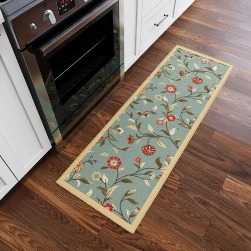 Vista 28 de Ottomanson, colección OttoHome, tapete para corredor con diseño azul claro y damasco (antiderrapante), parte trasera de goma Floral Beige