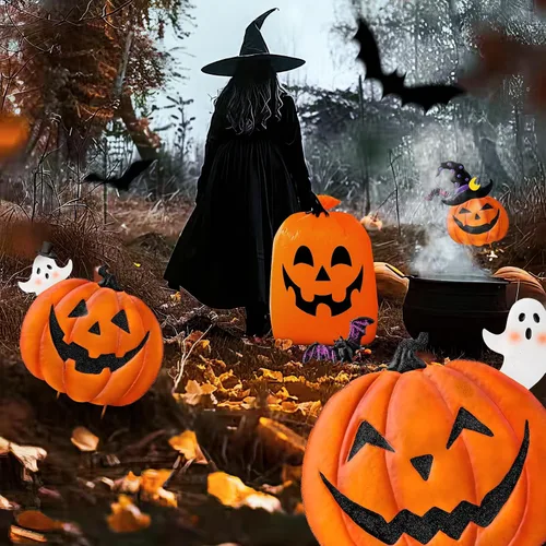 Vista 5 de Estacas de jardín de Halloween de 39.8 pulgadas, calabazas de metal apiladas, decoración de césped con sombrero de bruja, letreros de metal