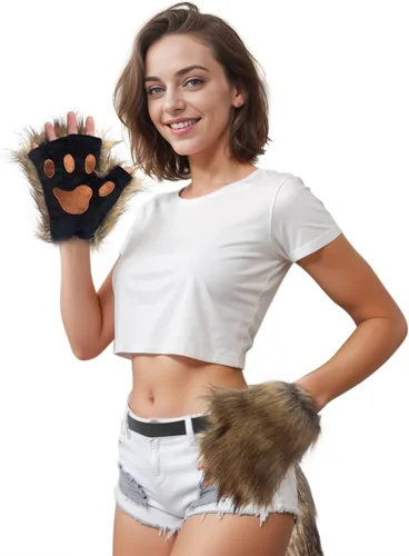 Vista 6 de Ravakeny Juego de cola de lobo y guantes, cola de zorro sin dedos, guantes de pata de lobo para Halloween, fiesta de disfraces, disfraz para niños