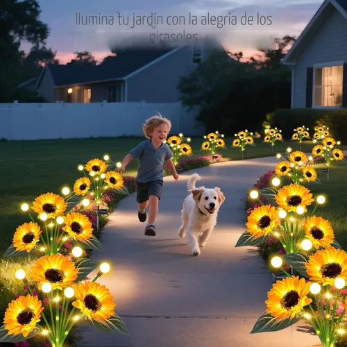 Vista 4 de Luces Solares de Girasol para Jardín al Aire Libre, Decoración Mejorada de 4 Pack de Girasoles Solares con Luces de Luciérnaga, Impermeables