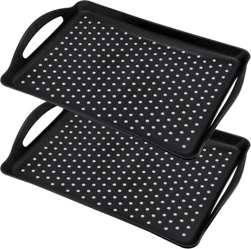 Vista 5 de Paquete de 4 bandejas antideslizantes para servir alimentos con asas, bandeja rectangular de plástico de 16.5 x 11.4 x 1.57 pulgadas, bandeja negra