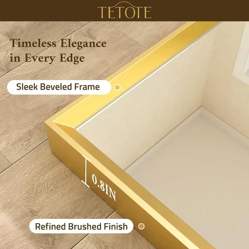 Vista 2 de TETOTE Espejo de baño dorado cepillado de 20" x 30", espejo de tocador de baño rectangular de latón dorado cepillado con marco biselado para sobre