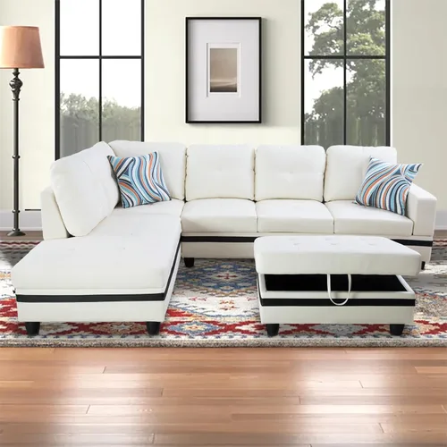 Vista 20 de Sofá modular para sala de estar, sofá seccional de cuero marrón en forma de L con diván y otomano de almacenamiento para sala de estar, B- marrón