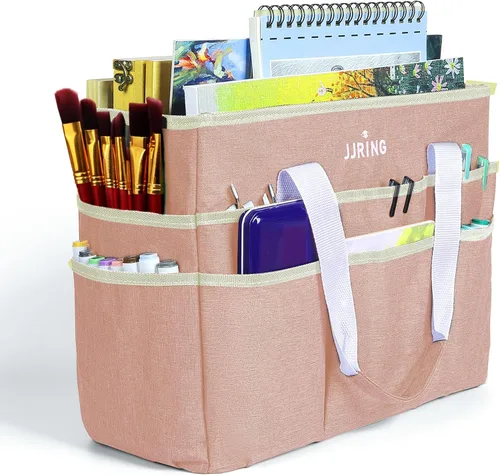 Vista 23 de JJRING Bolsa organizadora de manualidades, organizador de arte con múltiples bolsillos, bolsa de costura beige para arte, manualidades, álbumes