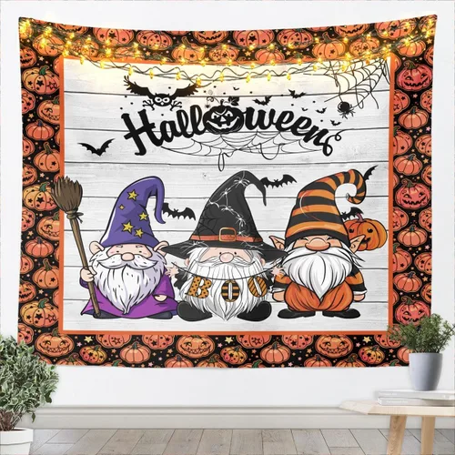 Vista 3 de Manfei Bonito tapiz de gnomos para colgar en la pared con temática de Halloween para decoración de habitación de niños y niños, tela de araña negra