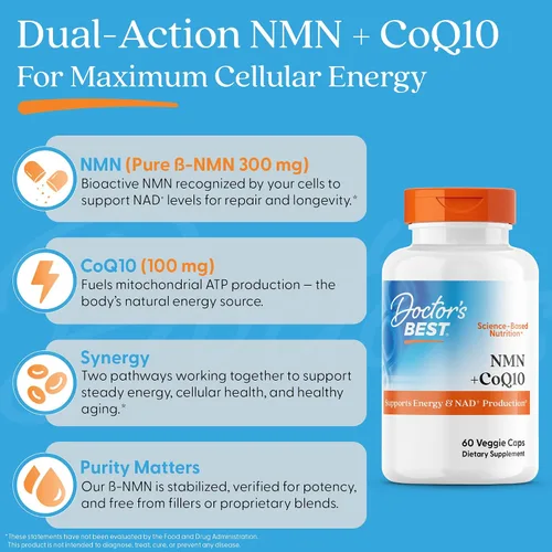Vista 5 de Doctor's Best Suplemento NMN + CoQ10 para mujeres y hombres, apoya la producción de NAD+ y energía celular, beta nicotinamida mononucleótido de 150
