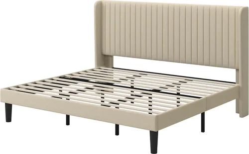 Vista 8 de GOLDORO Marco de cama King Size con base elevada, cabecera tapizada con botones verticales y alas, soporte de listones de madera, no necesita
