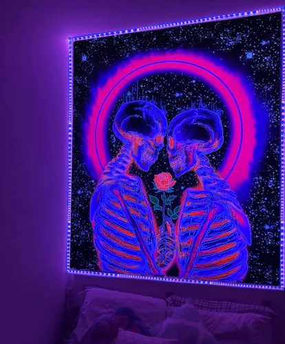 Vista 17 de Tapiz hippie hippy de pared Trippy para fumar, tapices de luz negra para fumadores, decoración de habitación, accesorios de marihuana, tapices