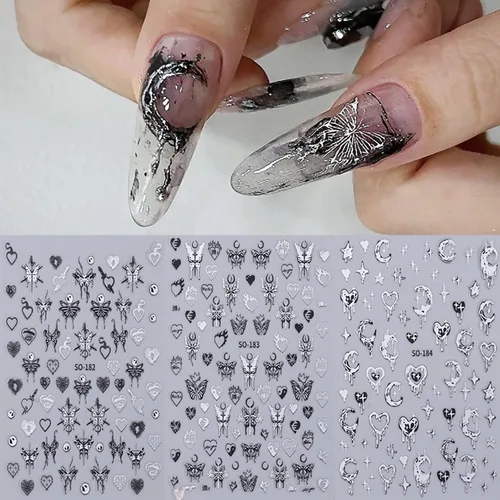 Vista 4 de Calcomanías líquidas para arte de uñas, diseño de mariposa, negro, plateado, mariposa, luna, 3D, autoadhesivas, suministros de arte de uñas