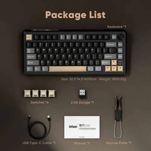Vista 8 de RedThunder Teclado Mecánico Inalámbrico K75, Perilla CNC, Tri-Modo BT5.0/2.4GHz/USB-C Intercambiable en Caliente Personalizable, Interruptores
