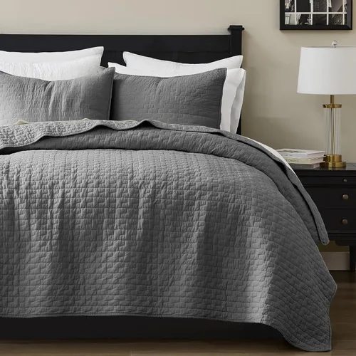 Vista 19 de palassio - Juego de ropa de cama, 100% algodón, tamaño individual, 1 fundas de almohada, colcha ligera texturizada, estilo chic desgastado, suave