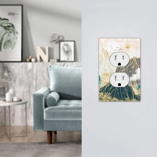 Vista 7 de Cubiertas de Salida Decorativas Boho Midcetury Oro Paisaje de Montaña del Sol 1 Banda Cubierta de Placa de Pared Receptáculo Interruptor de Luz