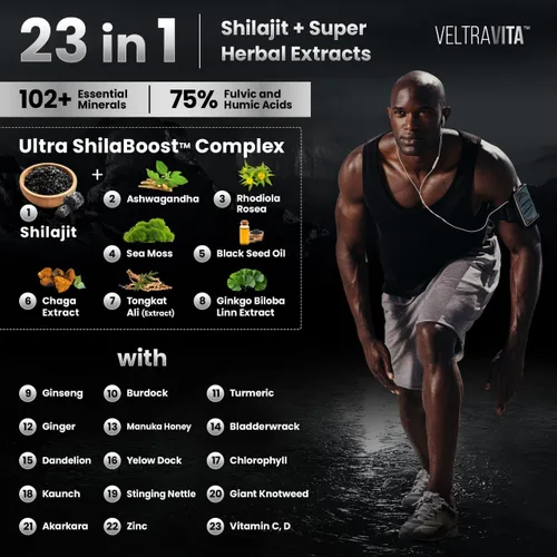 Vista 2 de Gomitas Shilajit del Himalaya, 23 en 1 con musgo marino, Ashwagandha, Tongkat Ali, aceite de semilla negra y rosa de rodiola, probadas