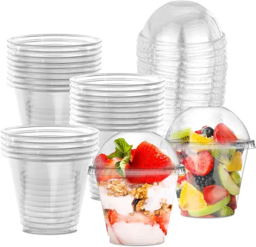 Vista 8 de Juego de 50 vasos de plástico desechables de 7 onzas con tapas, vasos de postre de plástico transparente con tapas de cúpula (sin agujero), tazas