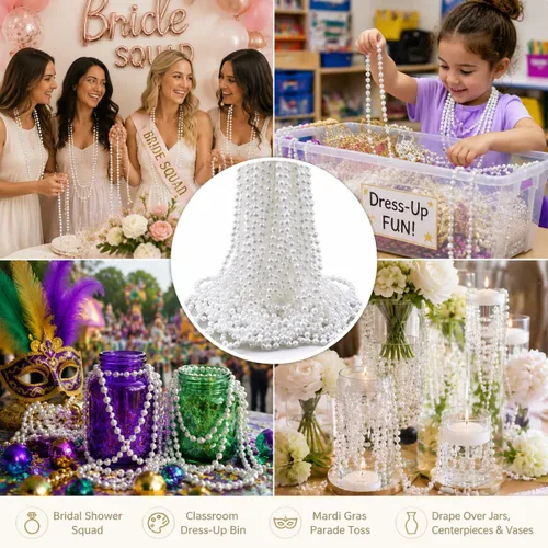 Vista 2 de WEOXPR Collares de perlas de imitación blancas a granel, collar de cuentas de Mardi Gras, collares de perlas de imitación de 32 pulgadas para mujer