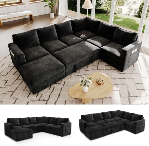 Vista 12 de Sofá modular de 85 pulgadas con cama extraíble, sofá modular de 5 asientos en forma de L con almacenamiento, sofás seccionales para sala de estar