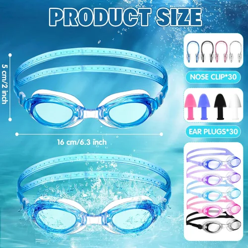 Vista 4 de Macarrie Paquete de 30 gafas de natación a granel sin fugas con tapones para los oídos y clip de nariz para adultos, hombres, mujeres y jóvenes