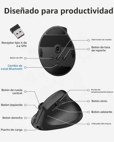 Vista 9 de Keychron M5 8K Ratón Ergonómico Vertical Inalámbrico, 2.4 GHz/Bluetooth 5.3/Ratones con Cable para Computadora Recargables, 5 Niveles Hasta 30K DPI