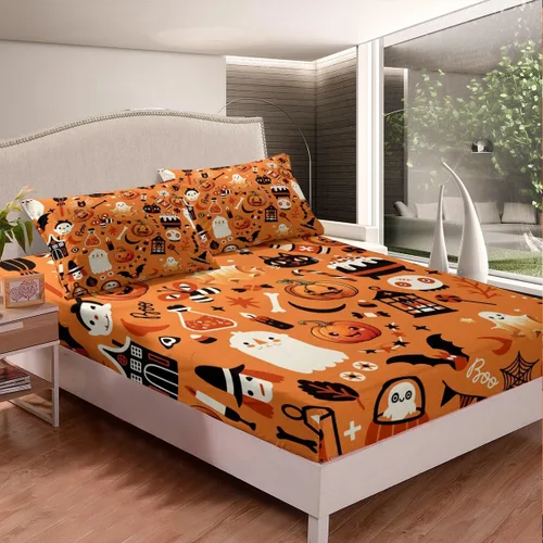 Vista 4 de Erosebridal Sábanas de Halloween para niños y niñas, juego de sábanas espeluznantes de dibujos animados, tamaño individual, juego de ropa de cama