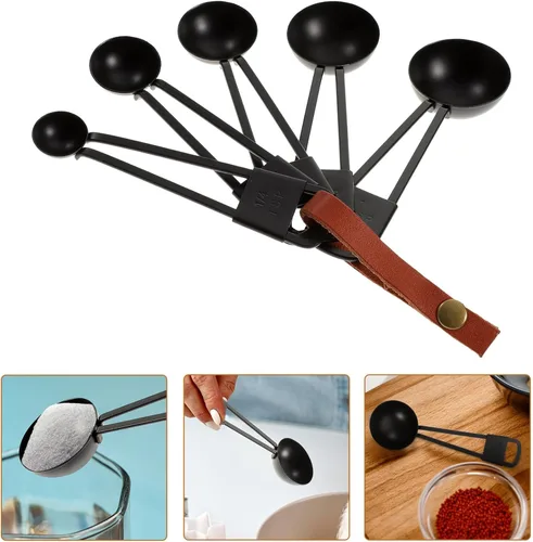 Vista 6 de Luxshiny Juego de 5 cucharas medidoras: Cuchara de diseño anidable para hornear, cocinar, café e ingredientes líquidos - Negro