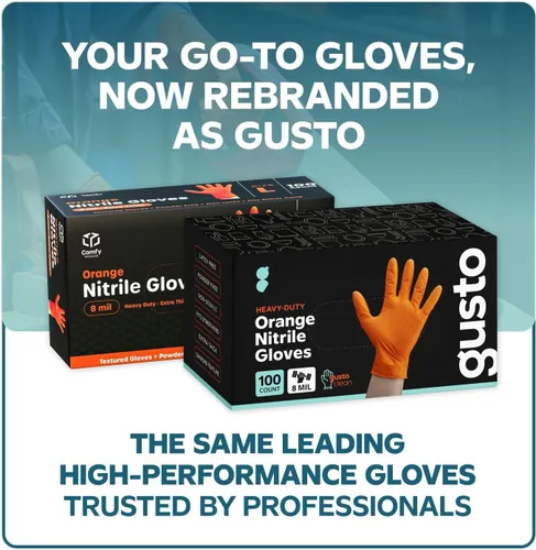 Vista 2 de GUSTO 8 Mil Disposable Orange Nitrile Gloves HEAVY DUTY, Industrial, Diamond Texture - Formerly Comfy Package