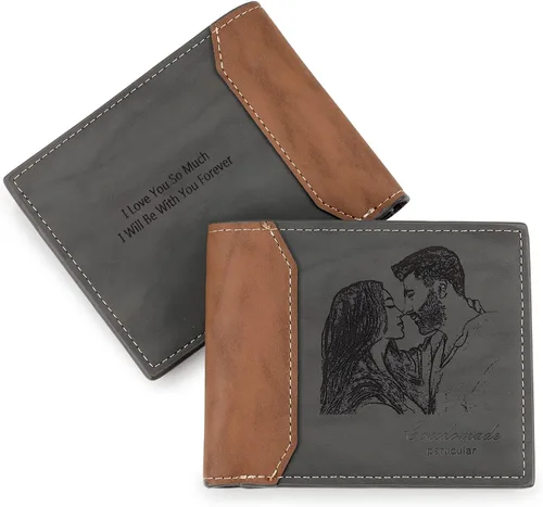 Vista 13 de Carteras personalizadas para hombres, cartera personalizada para hombre con imagen grabada y nombre, billetera delgada de cuero plegable, regalos