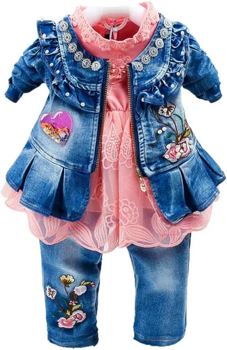 Vista 9 de Peacolate 6M-4Years Primavera Otoño Bebé Niñas Ropa Conjunto 3pcs Manga Larga Vestido Denim Chaqueta y Jeans Azul Lace
