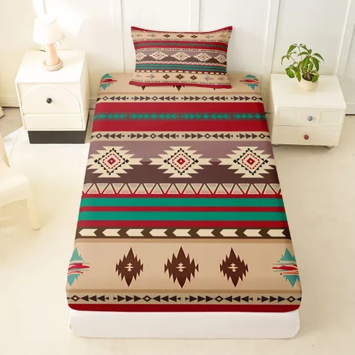 Vista 47 de Juego de ropa de cama de estilo bohemio occidental, tamaño individual, diseño de vaca atrapasueños, sábana bajera ajustable del suroeste, tribu
