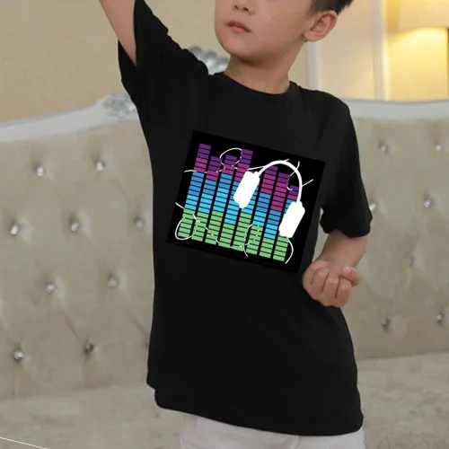 Vista 5 de Camisa LED intermitente para niños, camiseta negra activada por sonido, para cumpleaños, Halloween, Navidad
