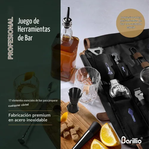 Vista 6 de Barillio Bolsa de Kit de Barman con Juego de Coctelera Negra – Lona Encerada, Bolsa de Herramientas de Bar de Viaje con Kit de Cóctel de 17 Piezas